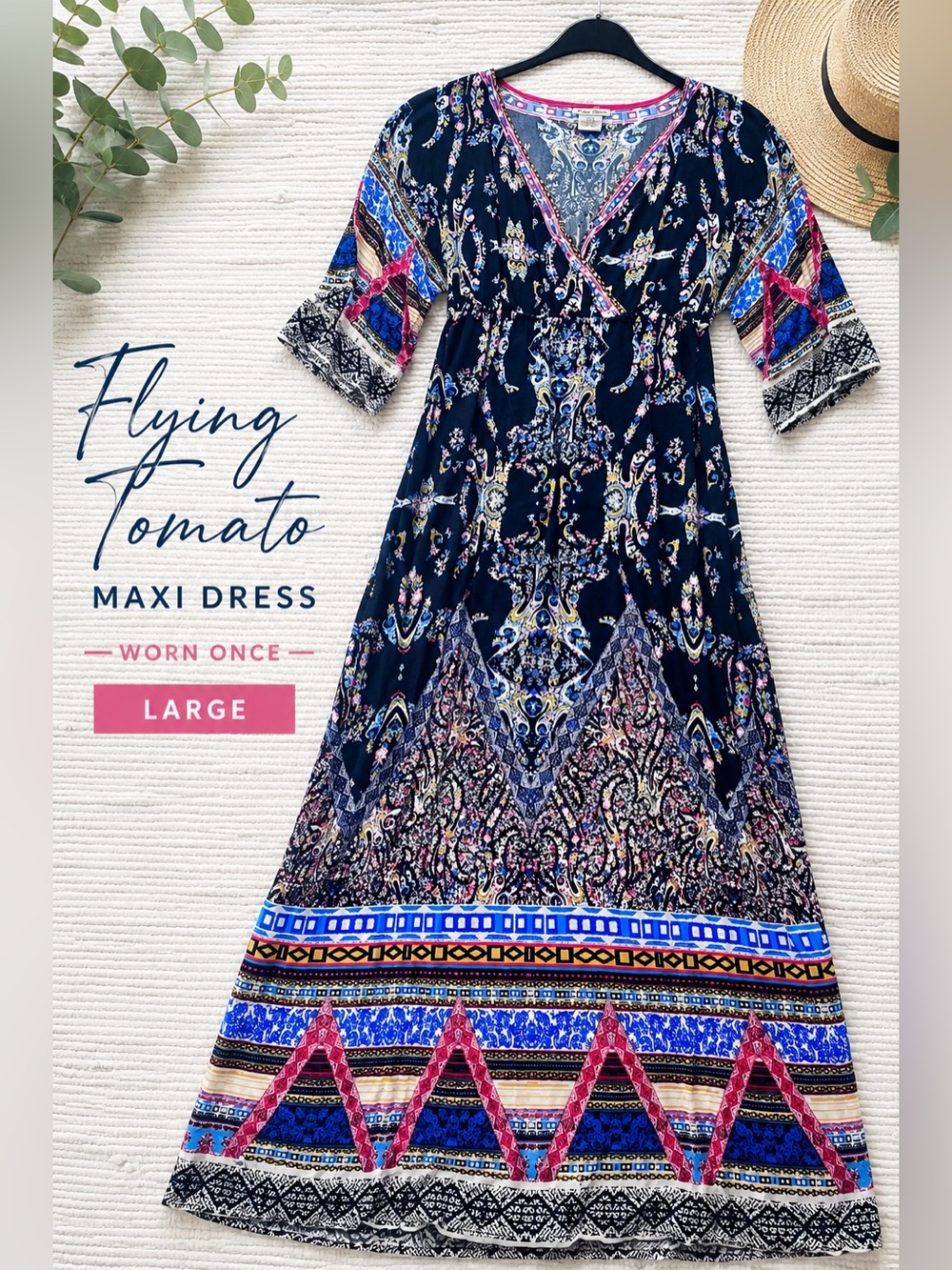 Flying Tomato Boho Paisley Maxi Dress Navy Pink Large